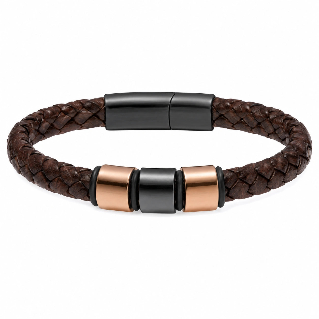 Bracciale in Pelle Intrecciata Marrone con Inserti Metallici Nero e Rame