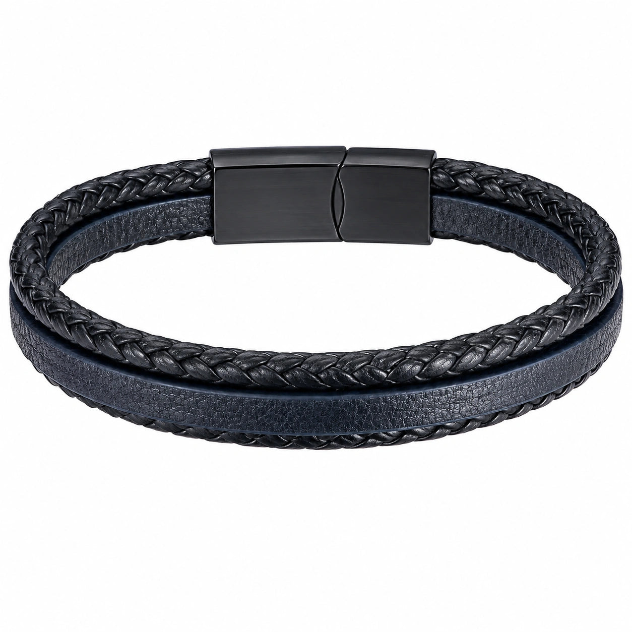 Bracciale Uomo in Pelle Intrecciata Blu e Nero