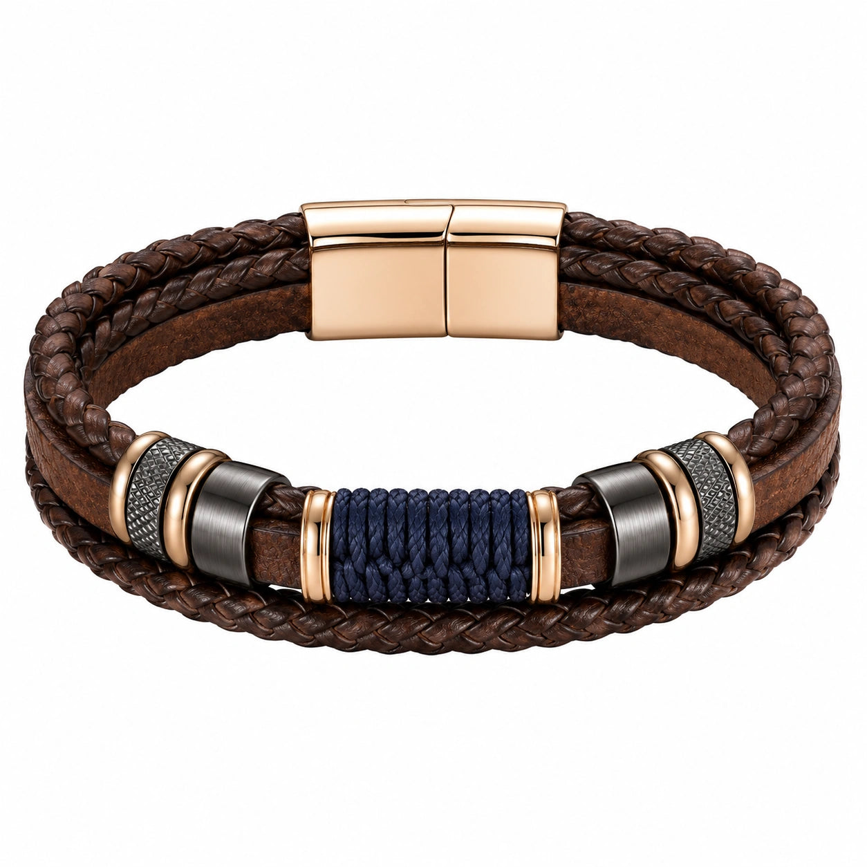 Bracciale Intrecciato in Marrone e Blu con Chiusura Magnetica