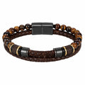Bracciale in Pelle Intrecciata con Perle e Chiusura Magnetica Marrone/Nero/Oro