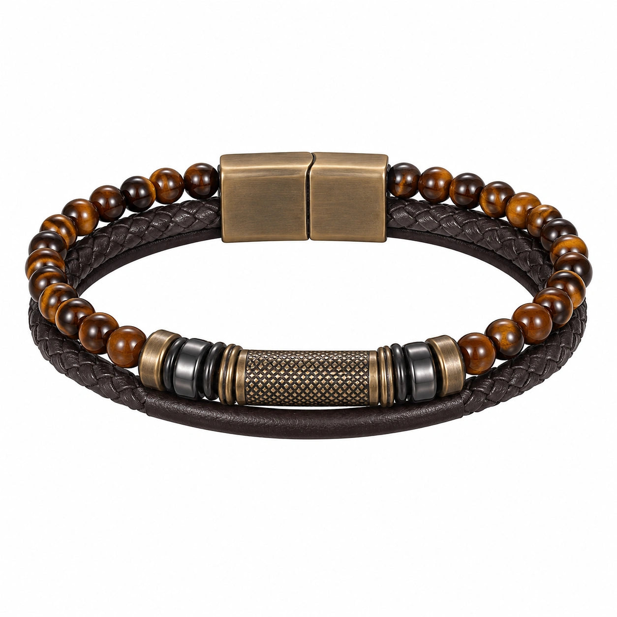 Bracciale doppio strato in pelle e perline marroni