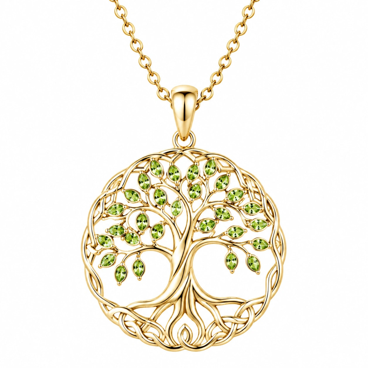 Collana Albero della Vita con Pendente in Oro e Cristalli Verdi
