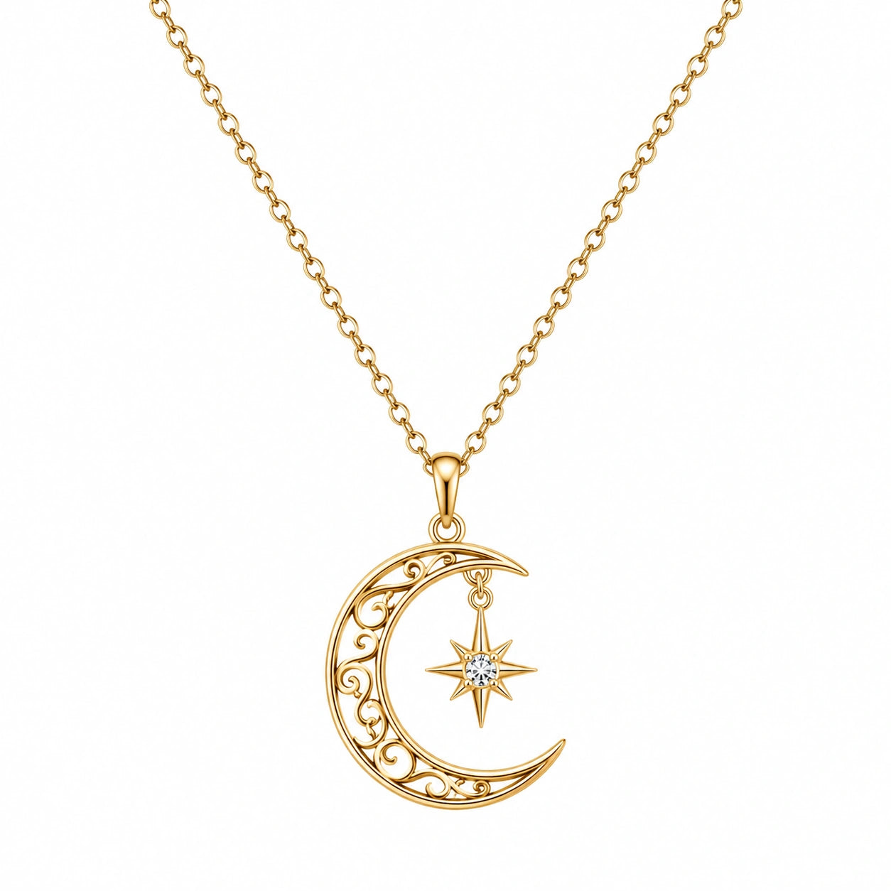 Collana con Ciondolo Luna e Stella in Oro Giallo