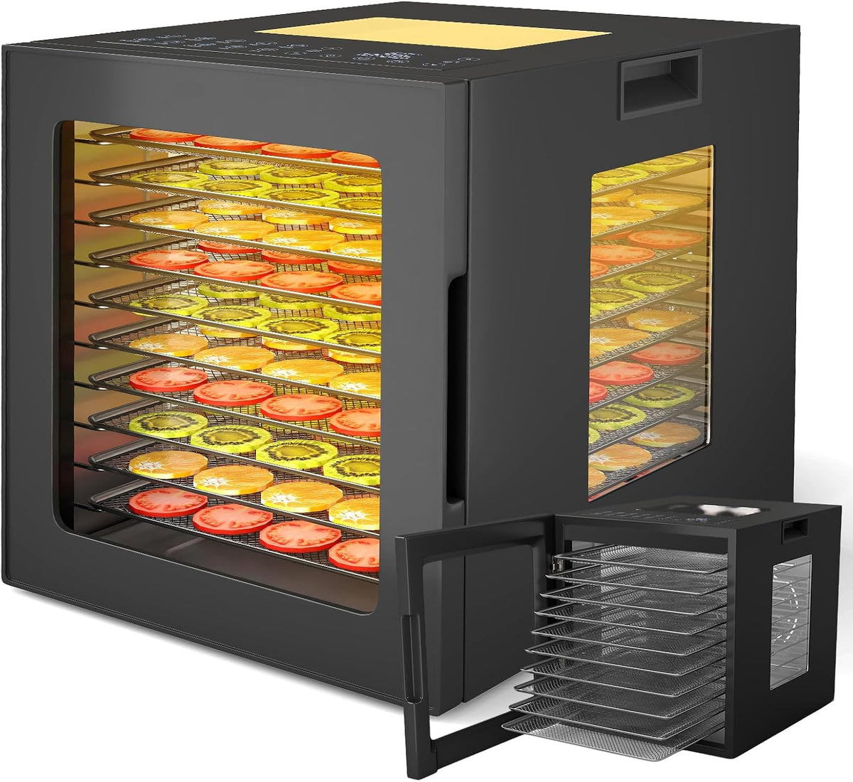 RELAX4LIFE, Essiccatori per alimenti, 850 W, 33 x 40 x 35,5 cm, 35-75°C, Argento, acciaio inox, illuminazione LED, timer
