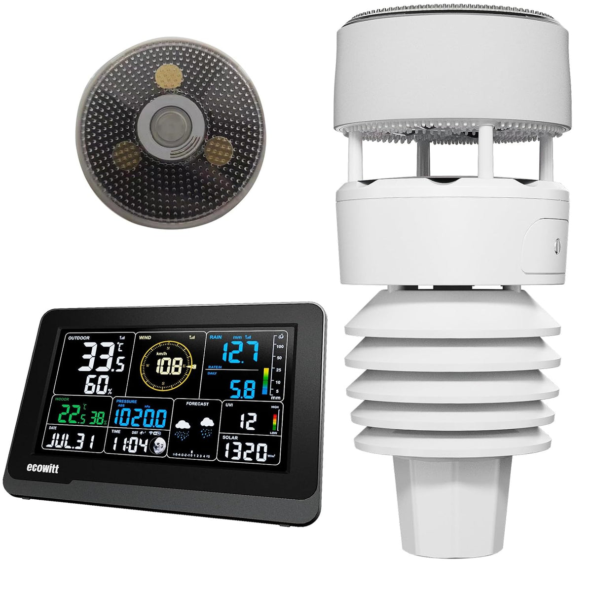 ECOWITT, Stazioni meteo, WS3901, 7.5 pollici, 40°C, 0,1 mm, Nero, USB, Bluetooth, Wi-Fi, funzionamento senza fili, 3 in 1