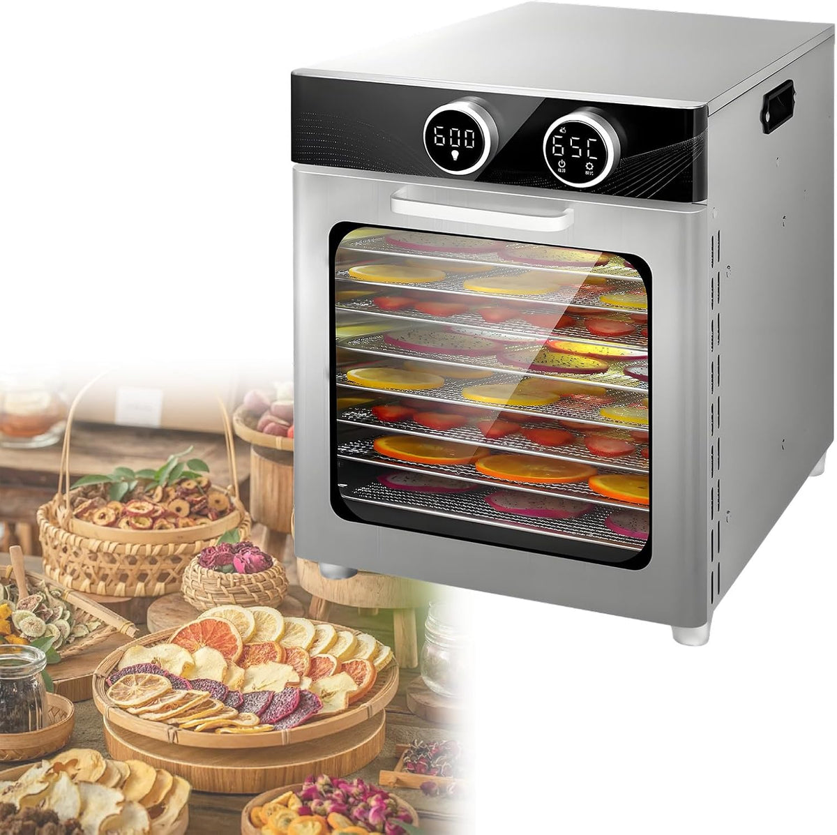 AETEREOS, Essiccatori per alimenti, 30x28 cm, 30-90 °C, 800 W, Argento, acciaio inox, timer, spegnimento automatico