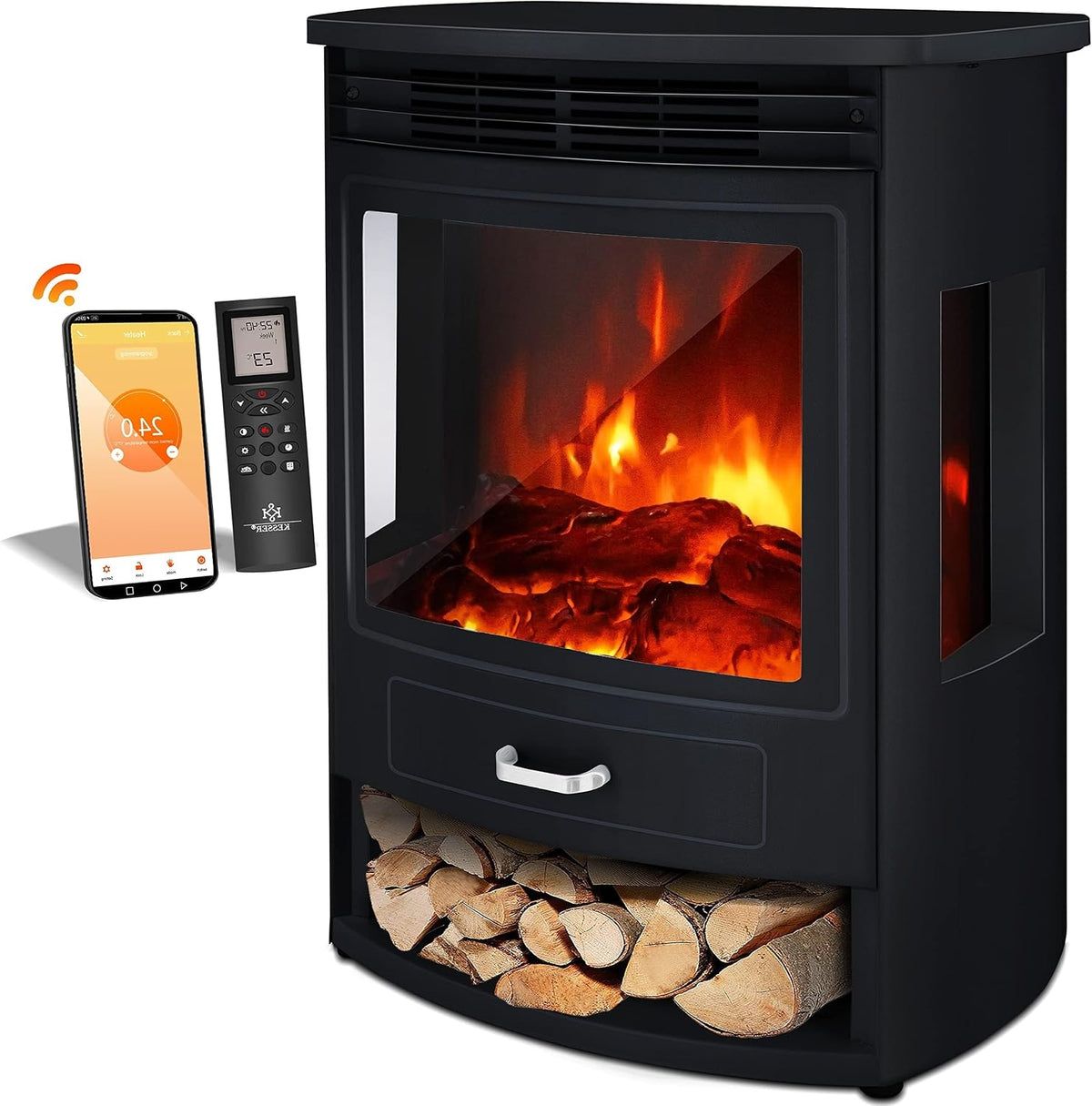 KESSER, Camino elettrico, 1900 W, 28 °C, Bianco, illuminazione LED, telecomando, timer, protezione dal surriscaldamento