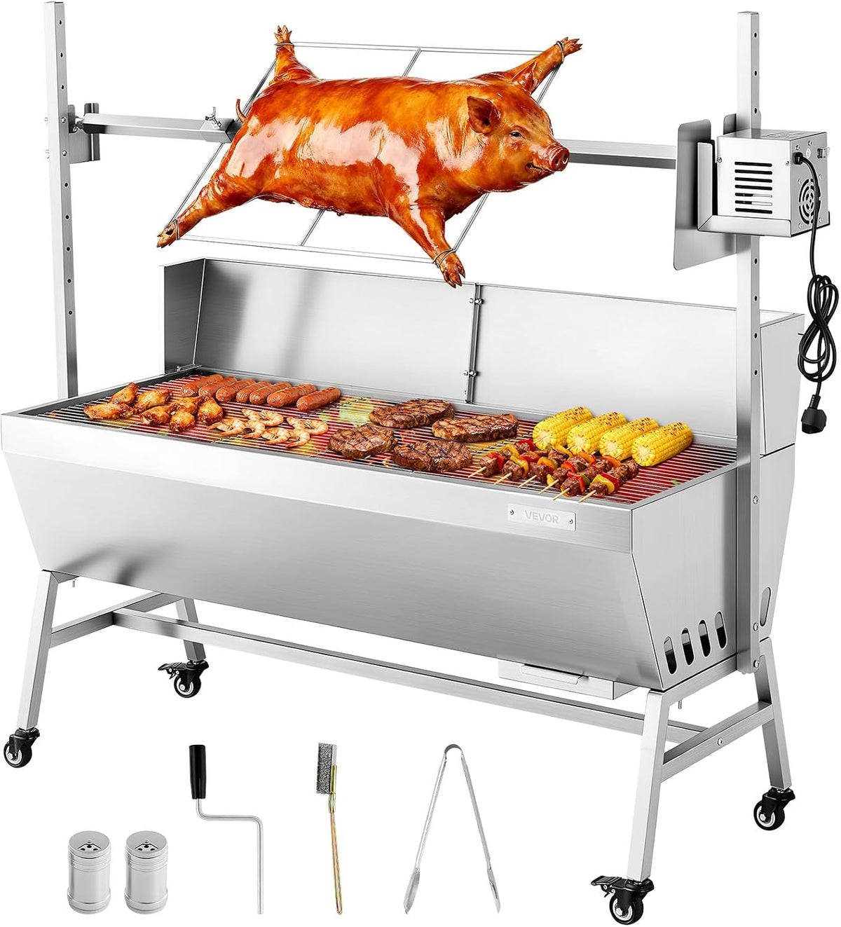 VEVOR, Barbecue a carbone, 1218 mm, 38 W, 60 kg, Argento, acciaio inox, altezza regolabile, funzione grill