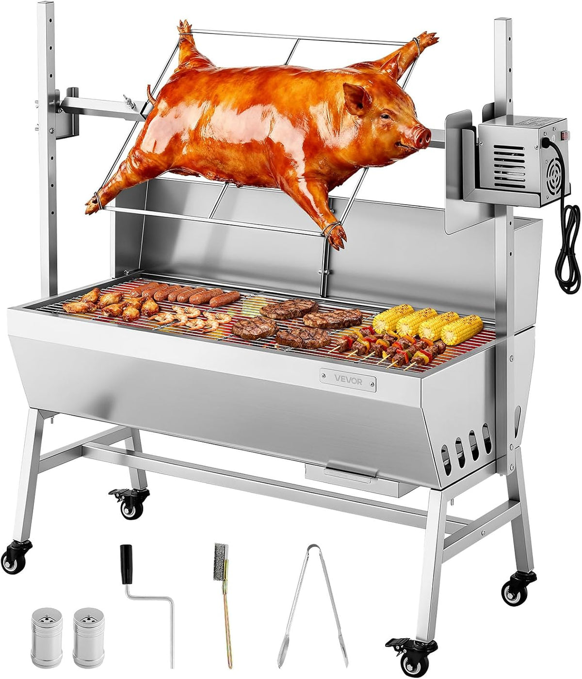 VEVOR, Girarrosto elettrici, 38 W, 94 cm, 60 kg, Argento, acciaio inox, funzione grill
