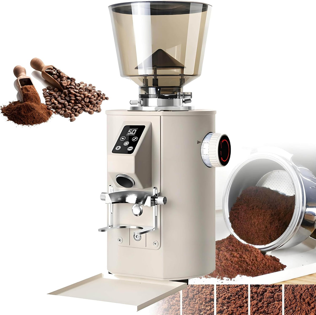 Macinacaffè elettrici con centrifuga, YEHOZZ, 64 Mm, 252 x 210 x 478 mm, 350 W, Beige, acciaio inox, vano contenitore, illuminazione LED, timer