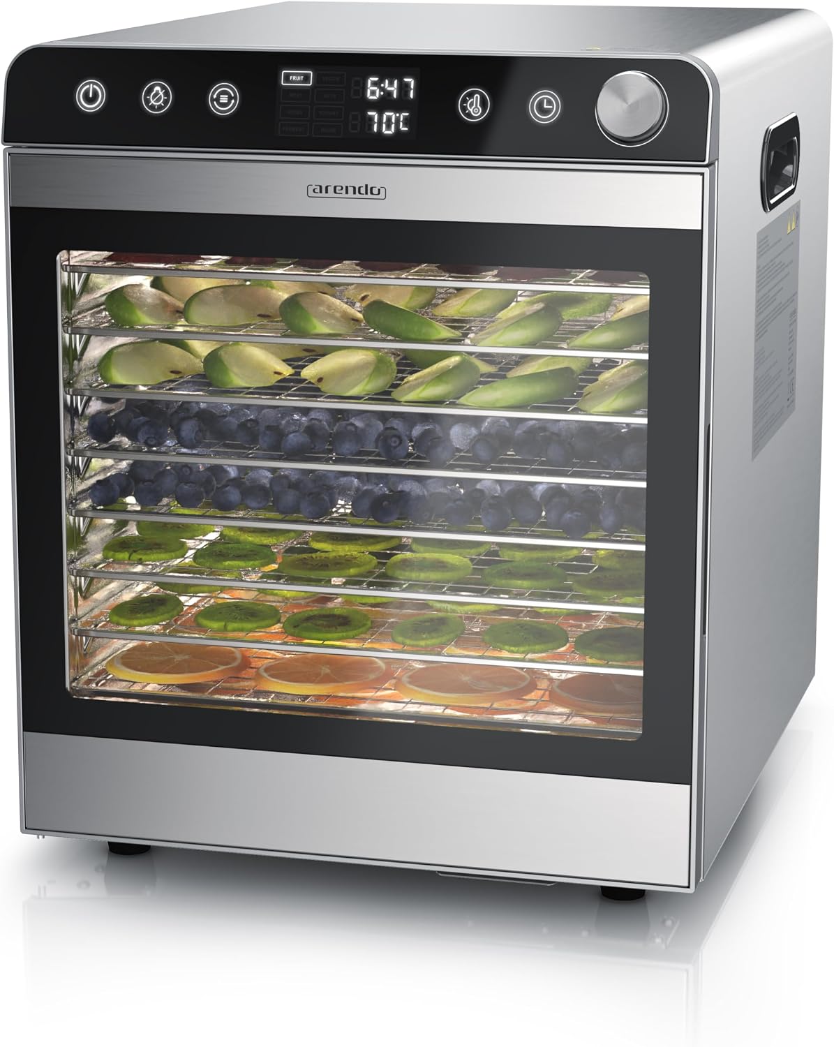 arendo, Essiccatori per alimenti, 8400 cm, 33,8 x 41,2 x 40,3 cm, 30-85 °C, Argento, acciaio inox, illuminazione LED, timer, spegnimento automatico