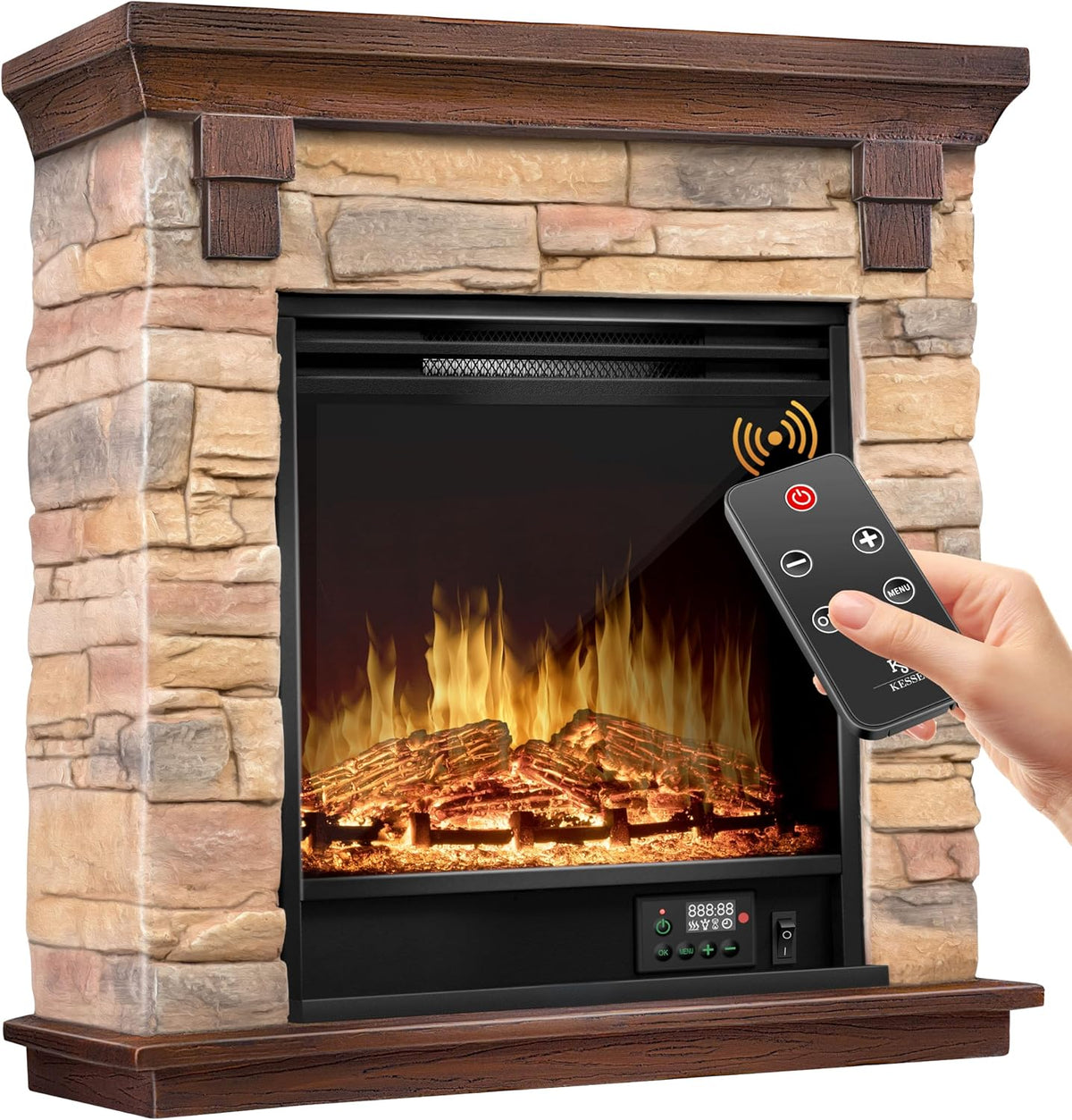 KESSER, Camino elettrico, 1800 W, 30°C, Marrone, illuminazione LED, telecomando, timer, protezione dal surriscaldamento