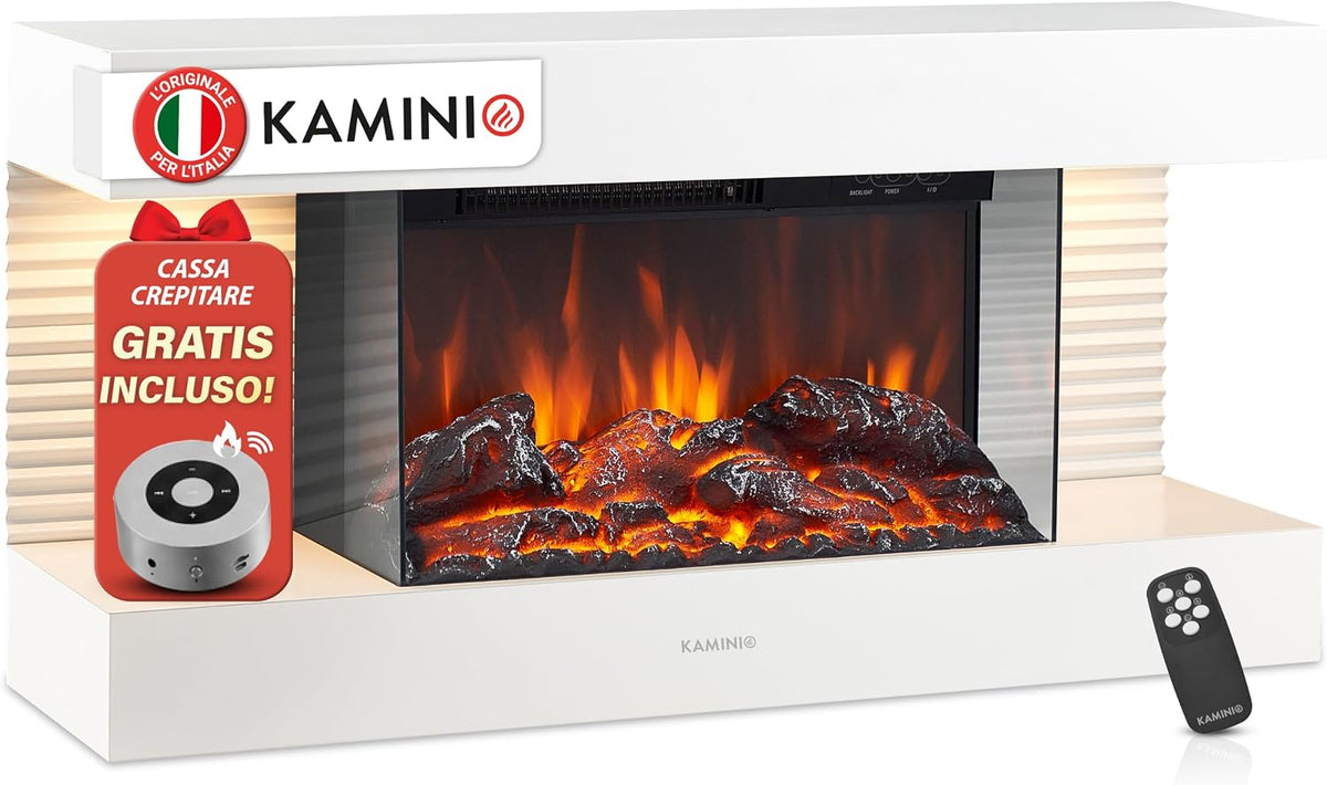 KAMINIO, Camino elettrico, 10 dB, 0,9 kW, 30 m, Bianco, illuminazione LED, telecomando, protezione dal surriscaldamento