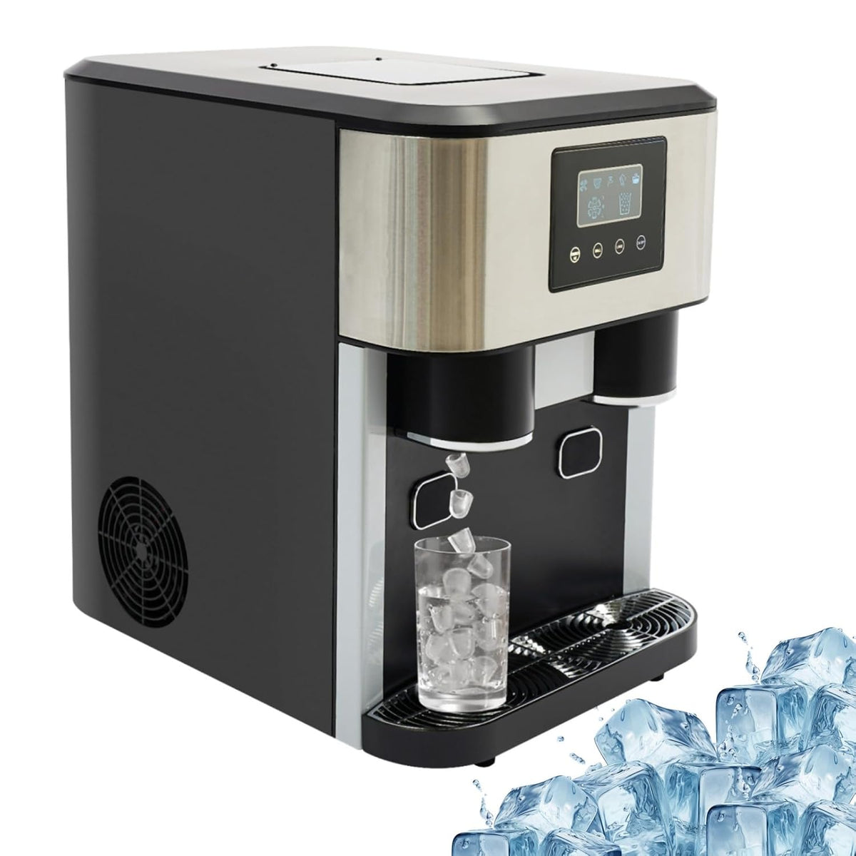 DAOHHFO, Macchina per cubetti di ghiaccio, 1,8 l, 15 kg, 34 x 45,5 x 45,5 cm, Grigio, acciaio inox, vano contenitore, autopulizia, 3 in 1