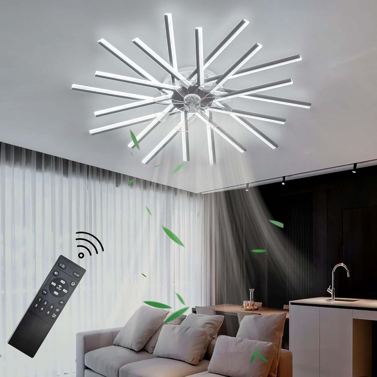 Dobecd, Ventilatori da soffitto con lampada, 4,8 kg, 110 V, 100 W, Nero, acciaio inox, illuminazione LED, telecomando, timer