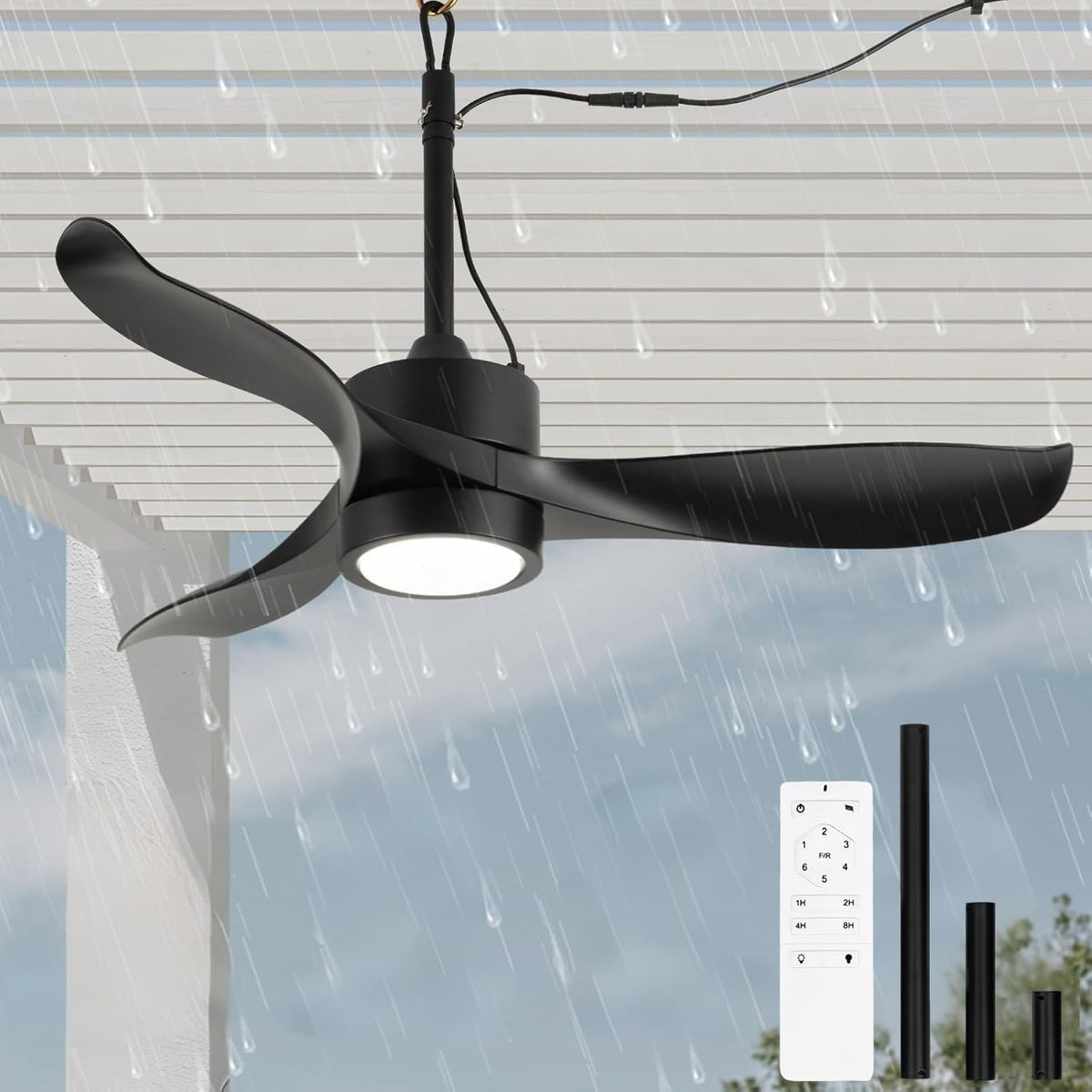 KZT, Ventilatori da soffitto con lampada, 106 CM, 106×106×40 cm, 5 m, Bianco, illuminazione LED, telecomando, timer