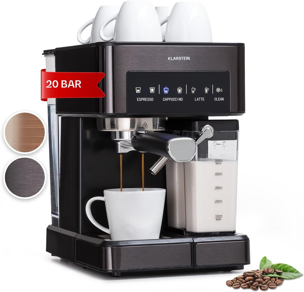 KLARSTEIN, Macchina da caffè, 1.8 L, 20 Bar, 1350 W, Argento, vano contenitore, autopulizia, 2 in 1