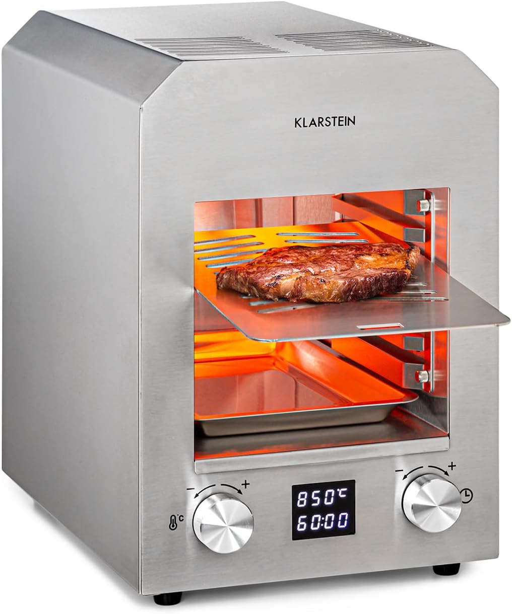 KLARSTEIN, Barbecue a gas, 18,5 x 30 cm, 2.200 W, 200-850 °C, Argento, acciaio inox, illuminazione LED, timer, funzione grill, spegnimento automatico