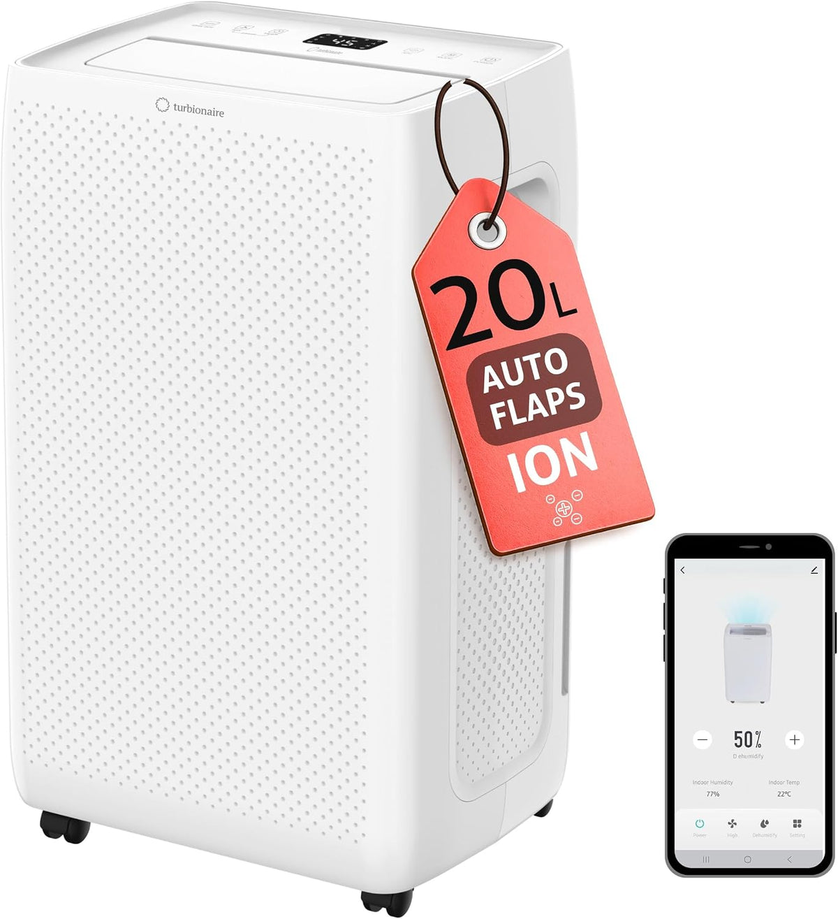 Turbionaire, Deumidificatore, N20, 20 L, 45 m, 330 W, Bianco, illuminazione LED, Wi-Fi, timer, spegnimento automatico