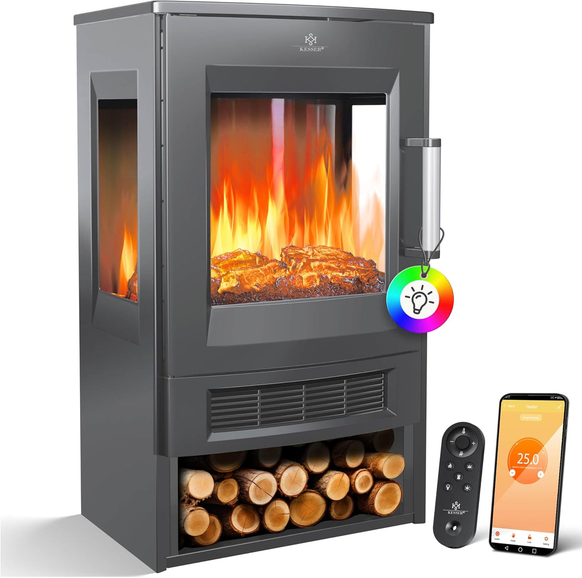 KESSER, Camino elettrico, 900/1800W, 1800 W, Bianco, illuminazione LED, Wi-Fi, telecomando, timer, spegnimento automatico