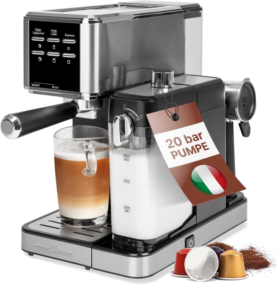 Profi Cook, Macchine da caffè tazza singola, 20 bar, 1,2 l, Nero/Argento, 2 in 1