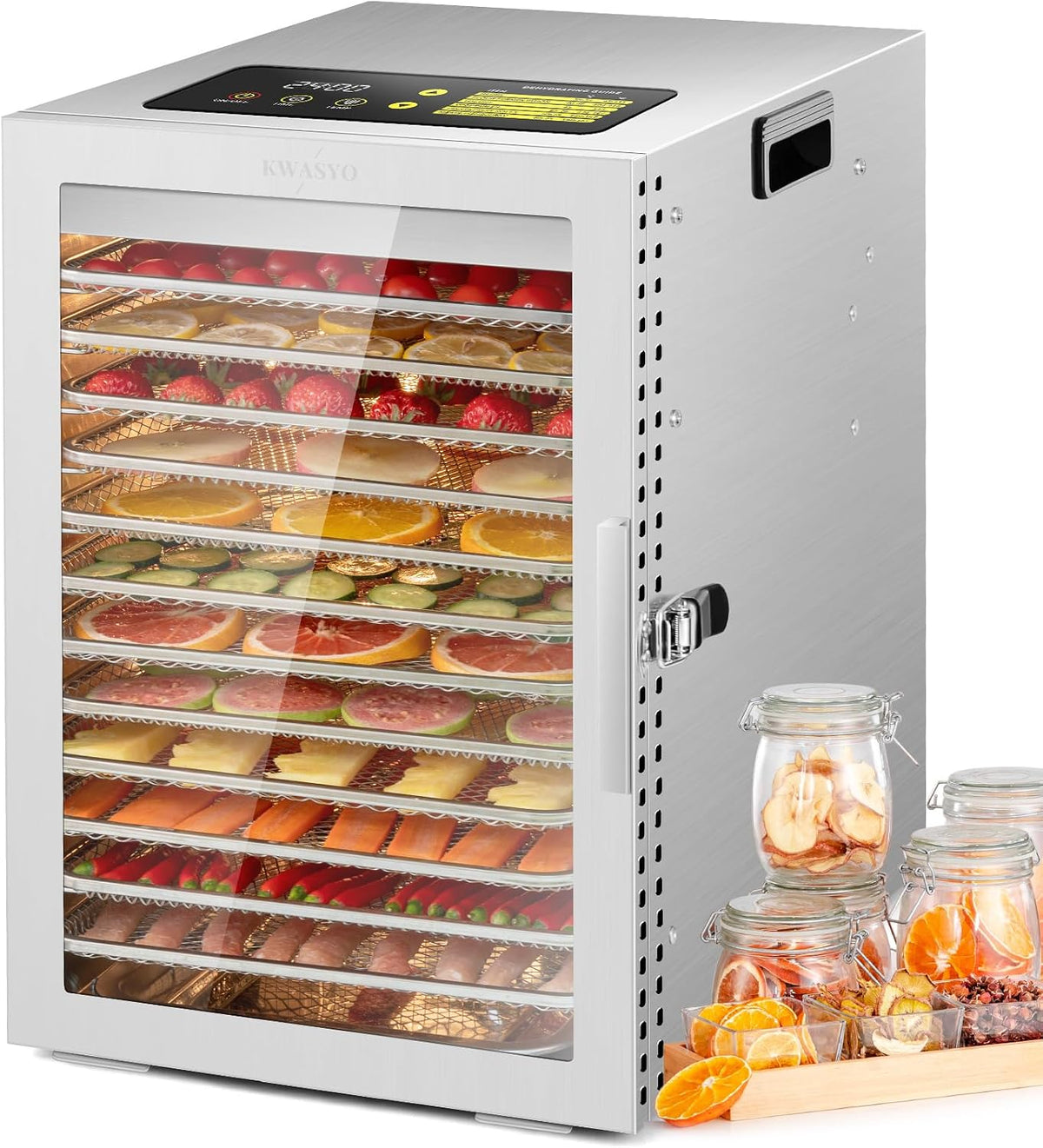 Kwasyo, Essiccatori per alimenti, 20-90°C, 29×29 cm, 30 mm, Argento, acciaio inox, illuminazione LED, timer, protezione dal surriscaldamento